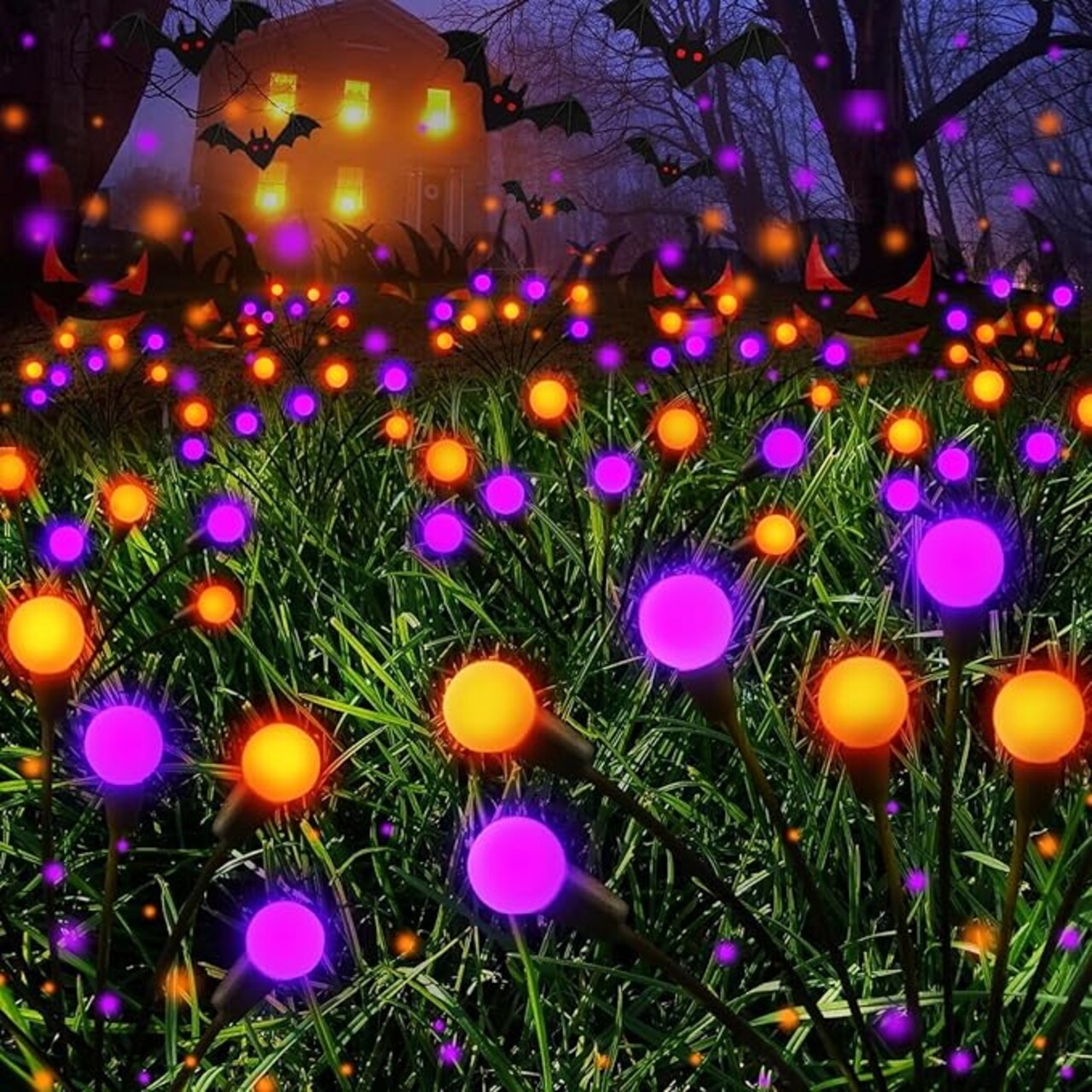 Upgrade Outdoor Halloween Decorations, 6-Pack Swaying Solar Lights (Orange and Purple), Sway by Wind, Long Lasting, 48 LED Waterproof Garden for Party Decor Yard Patio Pathway (JM - Firefly)